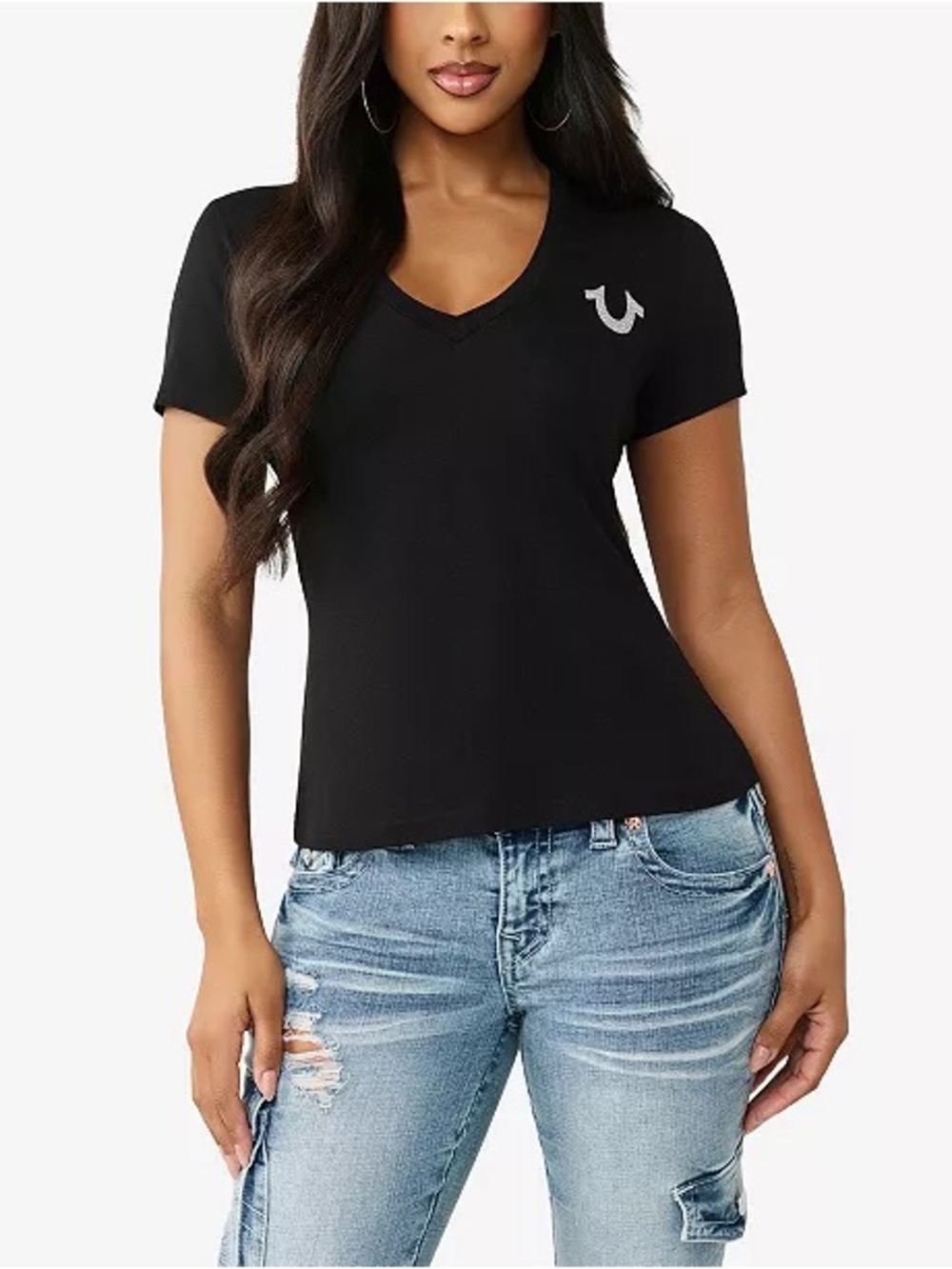 True Religion Black V-Neck Short Sleeve Tee with Logo